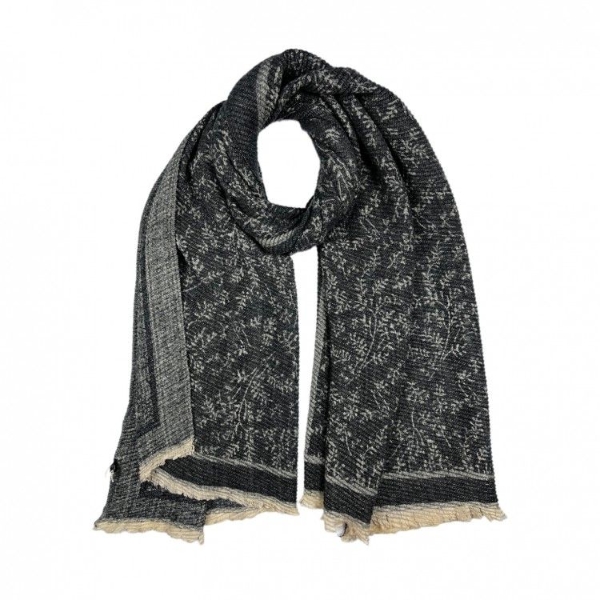 wool-mix-mini-leaf-print-pleated-reversible-scarf-black