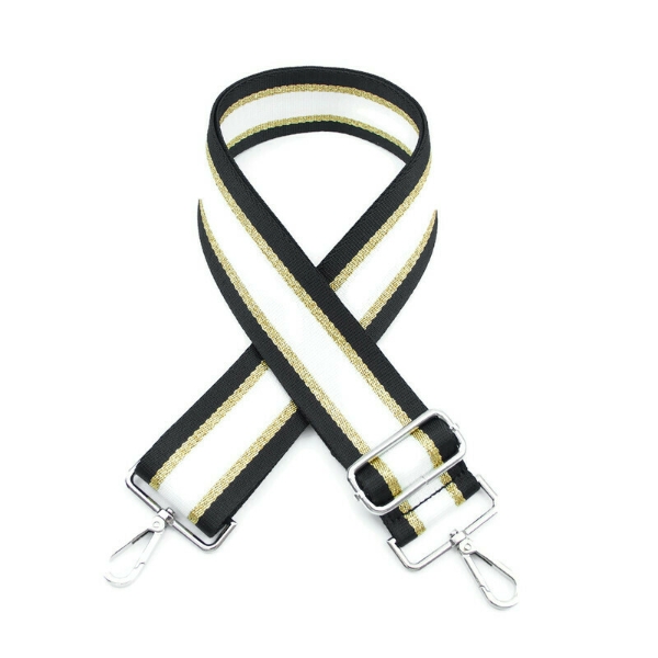 canvas-black-white-gold-striped-bag-strap-silver-finish